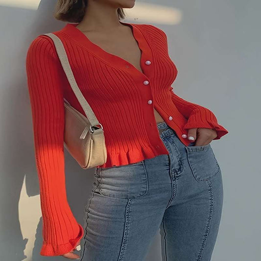 Elegant V-Neck Ruffle Knit Cardigan