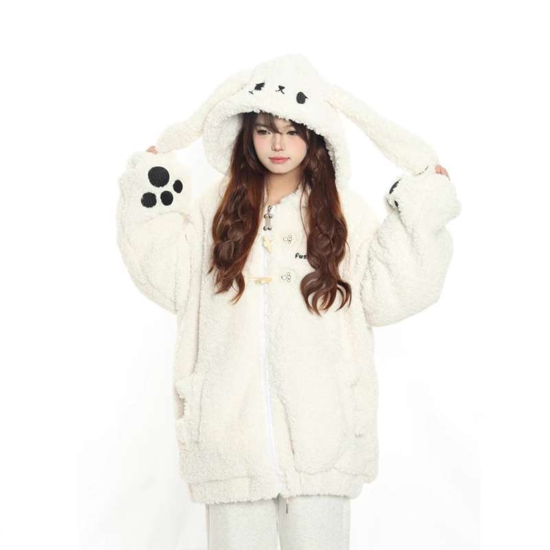 Bunny Ears Hooded Fleece Coat - Cozy Lamb Wool Jacket