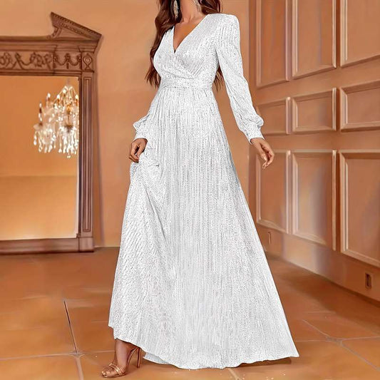 Sequined V-Neck Evening Gown - Long Sleeve Formal Dress