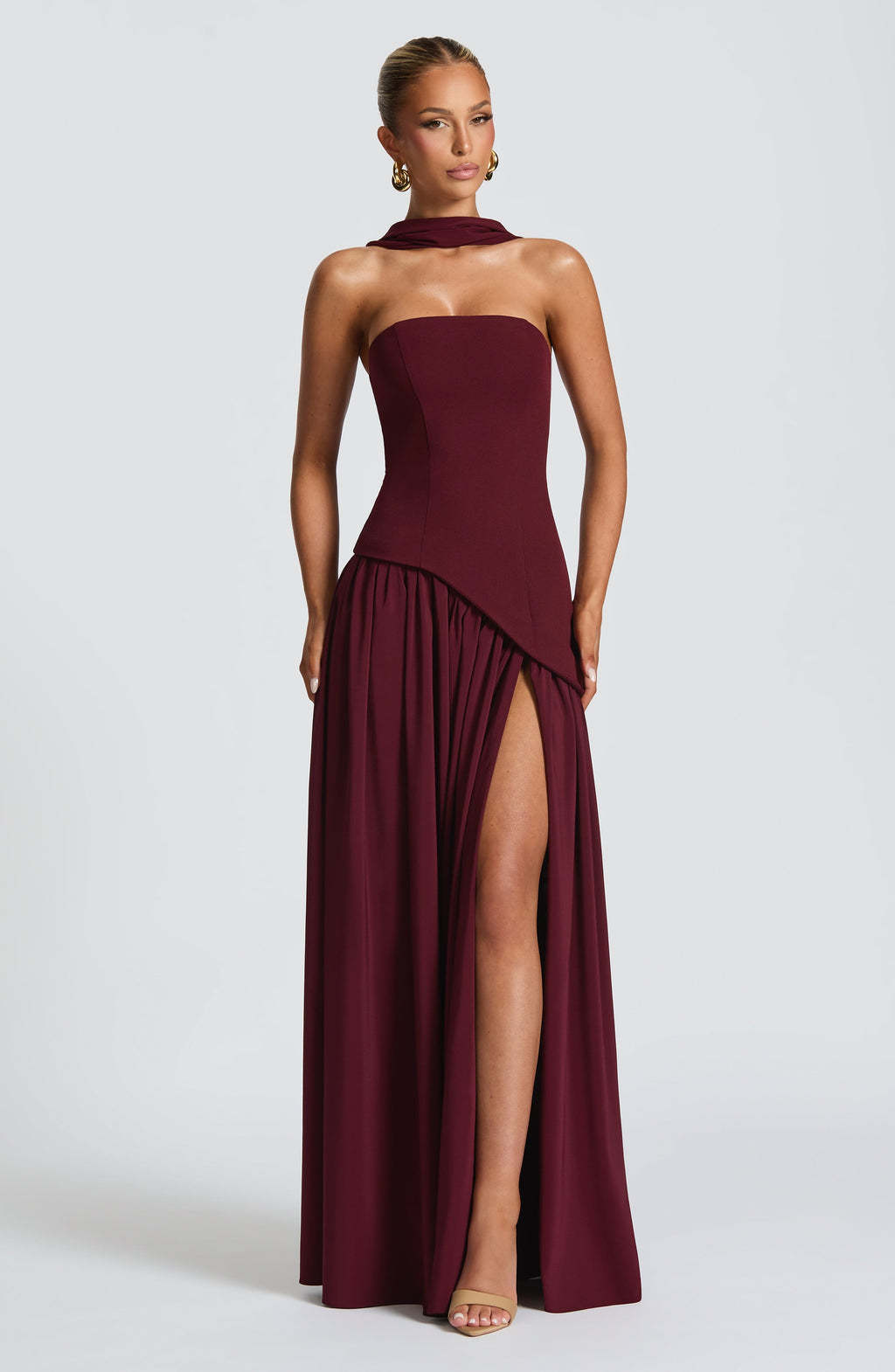 Cherry Lacquer Maliyah Maxi Dress - Elegant Evening Gown with Chiffon Skirt