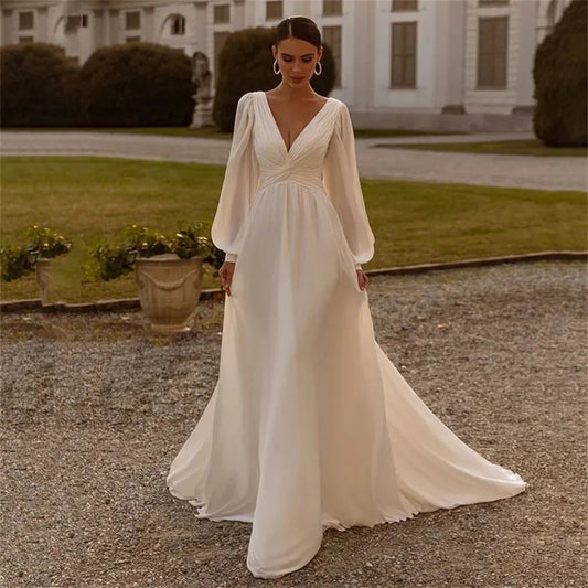 Elegant Deep V-Neck Bridal Gown with Long Chiffon Sleeves