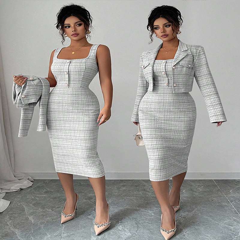 Chic Checkered Two-Piece Blazer & Bodycon Dress Set