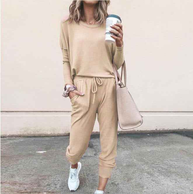 Women's Long Sleeve Suit Fashion Pullover Top And Pockets Drawstring Long Pants Solid Color Casual Sports Trouser Suit Clothing - For Sale