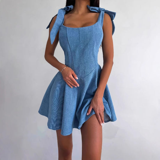 Elegant Square Neck Lace-Up Midi Dress