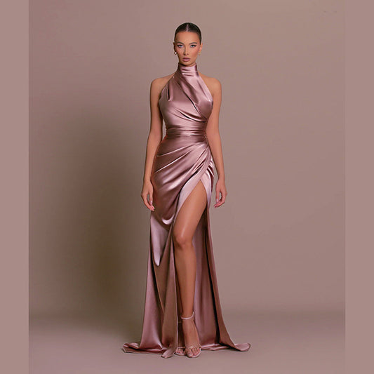 Halter Neck Evening Dress - Elegant Sleeveless Slit Maxi Gown