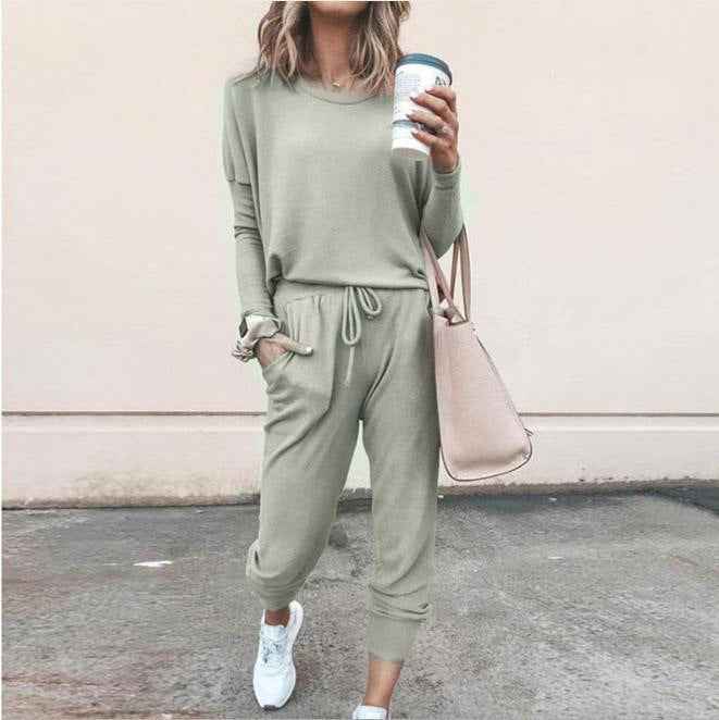 Women's Long Sleeve Suit Fashion Pullover Top And Pockets Drawstring Long Pants Solid Color Casual Sports Trouser Suit Clothing - For Sale