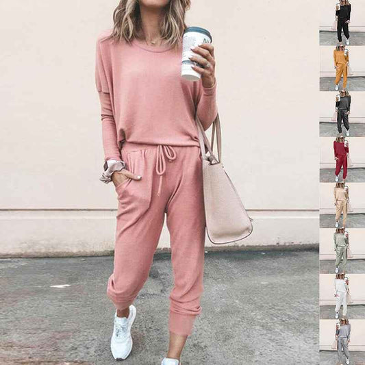 Women's Long Sleeve Suit Fashion Pullover Top And Pockets Drawstring Long Pants Solid Color Casual Sports Trouser Suit Clothing - For Sale