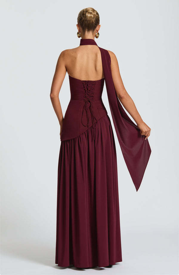 Cherry Lacquer Maliyah Maxi Dress - Elegant Evening Gown with Chiffon Skirt